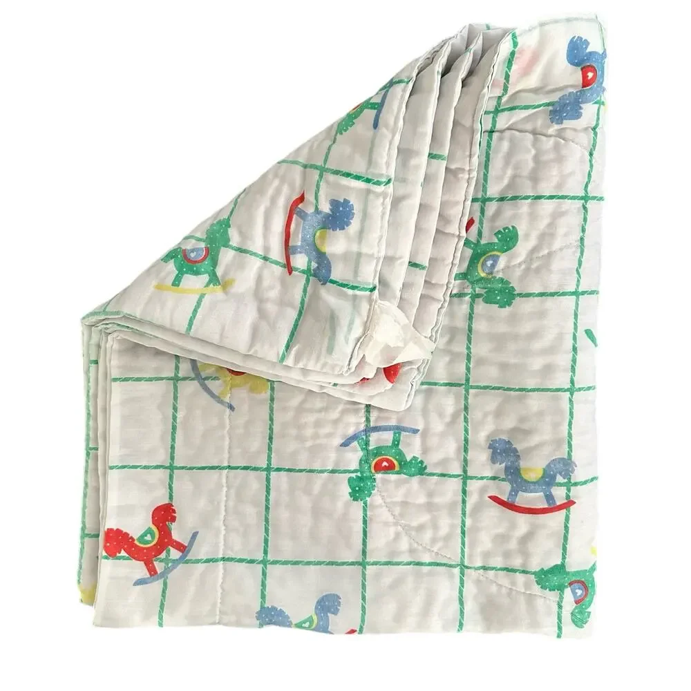 Vintage 80s Quilted White Green Grid Rainbow Rocking Horse Print Baby Blanket